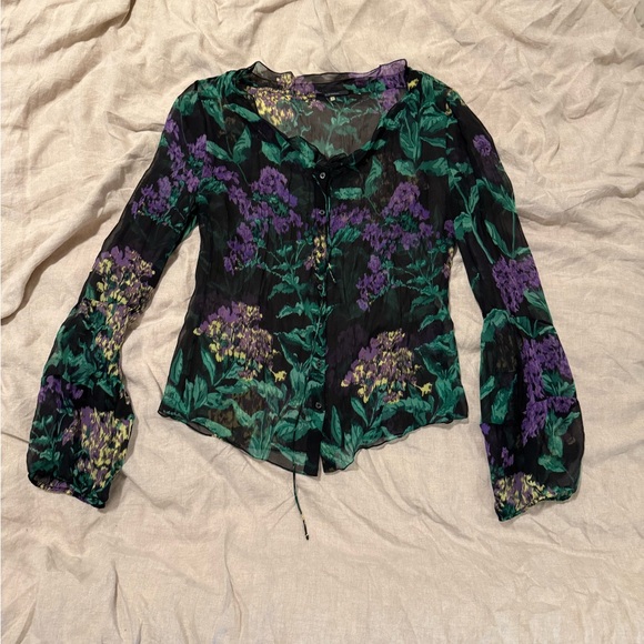 Elie Tahari Airy Sheer Blouse with Purple and Green, Bell Sleeves sz XS - Picture 1 of 6
